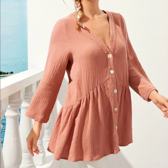 SHEIN Tops - Button front textured fabric peplum shirt